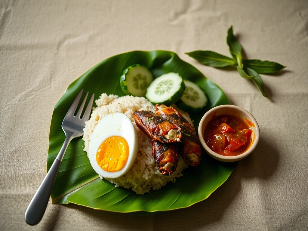 A styled overhead shot of a classic Malaysian nasi lemak on banana leaf