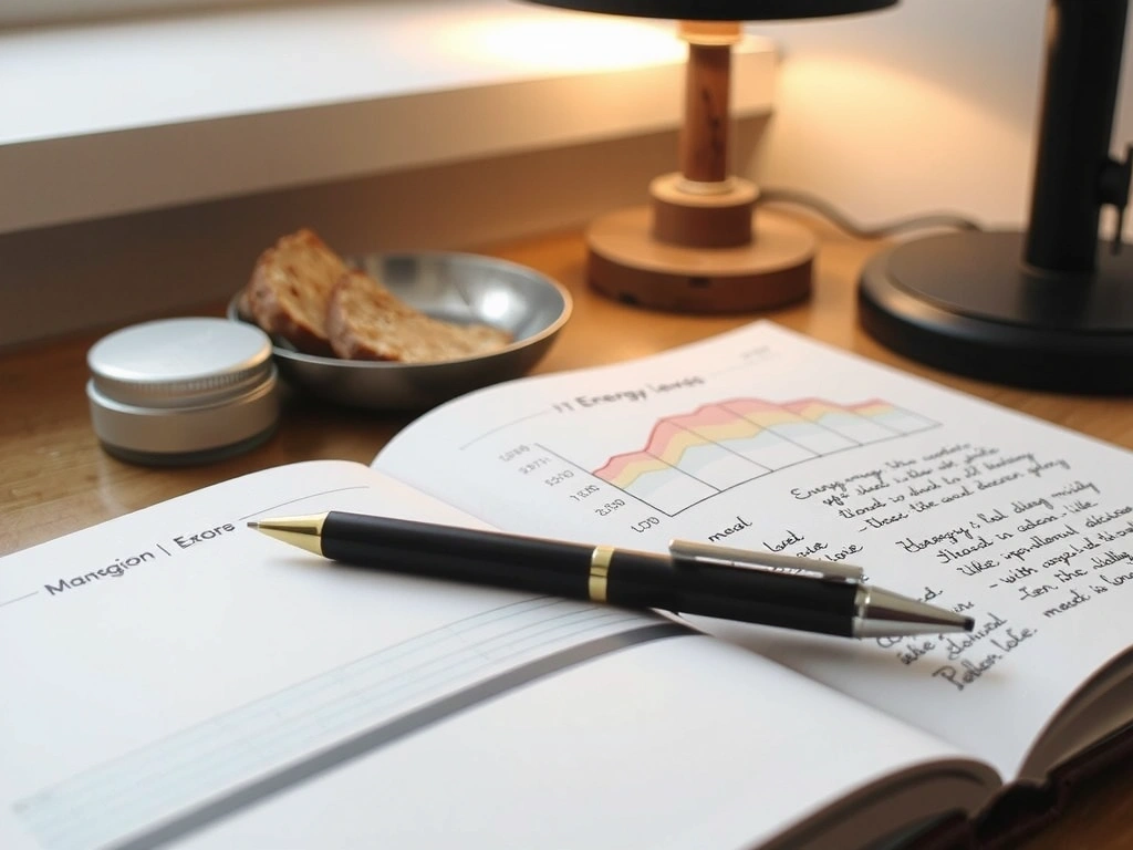 Handwritten nutrition logbook showing energy tracking
